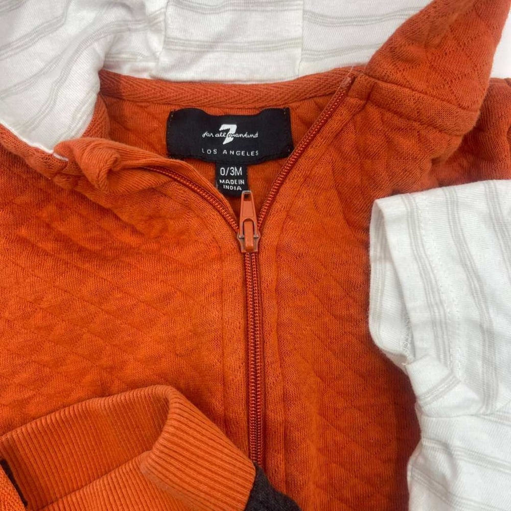7 For All Mankind Baby Outfit 3 Piece Hoodie Bodysuit Pants Orange Black 0 3M - Picture 3 of 6